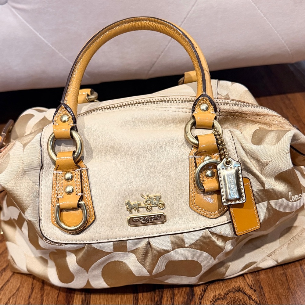 Coach Cream & Tan Signature Satchel with Gold Hardware
